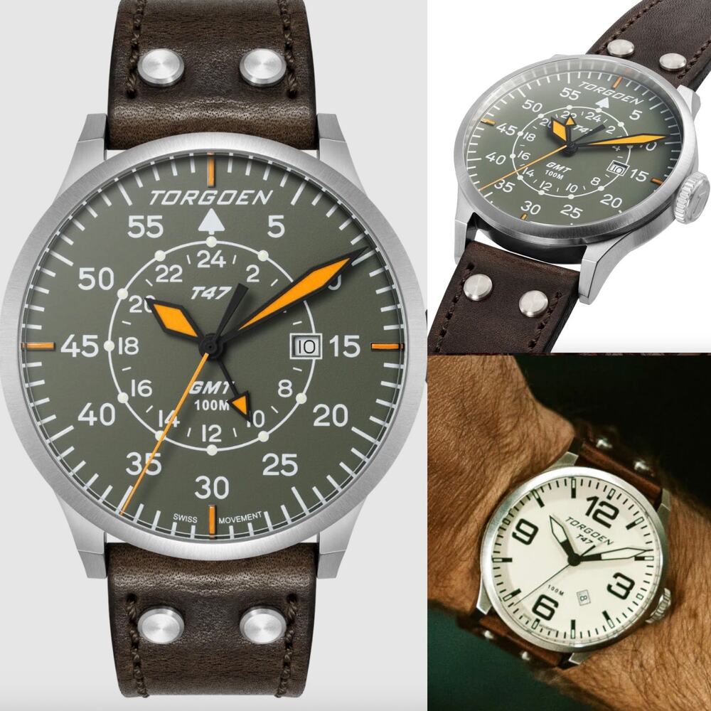 TORGOEN T47 TN-1208U Jumbo Grey Sapphire GMT 47mm Brown Leather Strap New